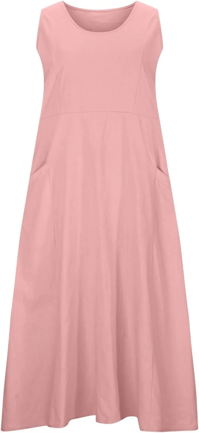 Women Midi Dresses Fashion Beach Sundress Solid Cotton Linen Sleeveless Long Dress Summer Daily Casual Maxi Dress
