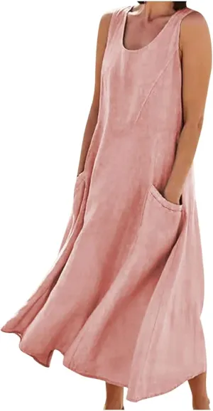 Women Midi Dresses Fashion Beach Sundress Solid Cotton Linen Sleeveless Long Dress Summer Daily Casual Maxi Dress