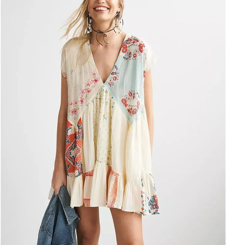 Women Patchwork Short Dress Y2k Floral V Neck Sleeveless Ruffle Mini Dress Cute Boho Babydoll Short Dresses Beachwear