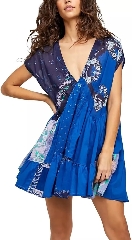 Women Patchwork Short Dress Y2k Floral V Neck Sleeveless Ruffle Mini Dress Cute Boho Babydoll Short Dresses Beachwear