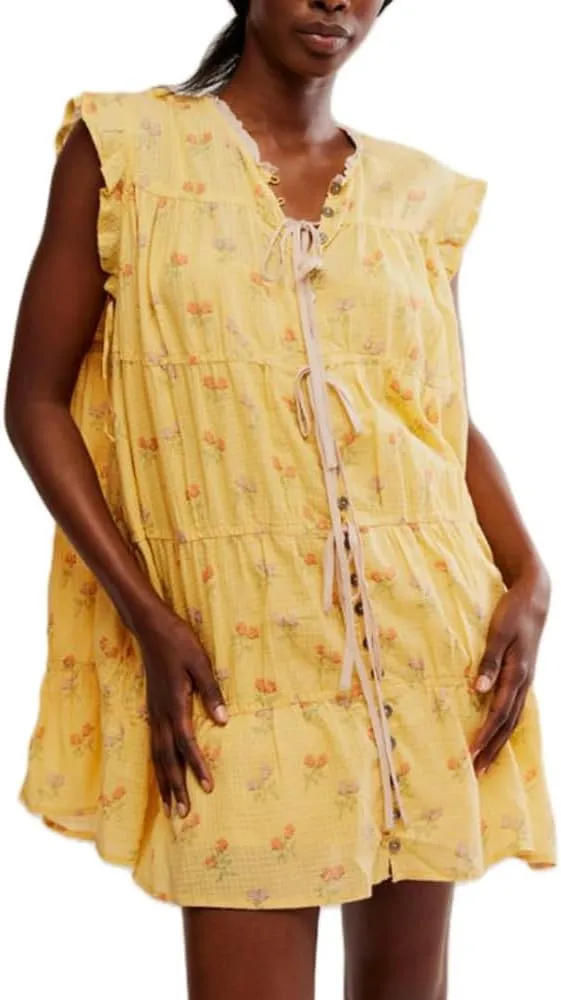 Women Patchwork Short Dress Y2k Floral V Neck Sleeveless Ruffle Mini Dress Cute Boho Babydoll Short Dresses Beachwear