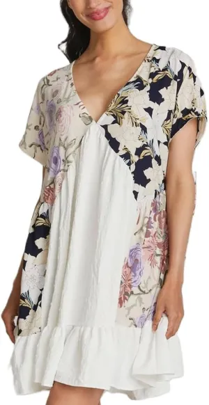 Women Patchwork Short Dress Y2k Floral V Neck Sleeveless Ruffle Mini Dress Cute Boho Babydoll Short Dresses Beachwear