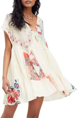 Women Patchwork Short Dress Y2k Floral V Neck Sleeveless Ruffle Mini Dress Cute Boho Babydoll Short Dresses Beachwear