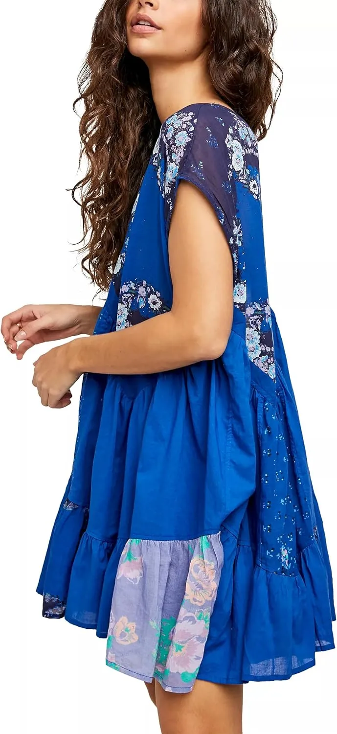 Women Patchwork Short Dress Y2k Floral V Neck Sleeveless Ruffle Mini Dress Cute Boho Babydoll Short Dresses Beachwear