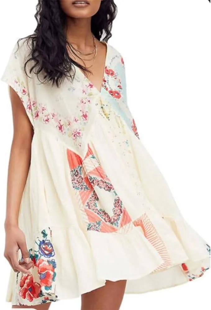 Women Patchwork Short Dress Y2k Floral V Neck Sleeveless Ruffle Mini Dress Cute Boho Babydoll Short Dresses Beachwear