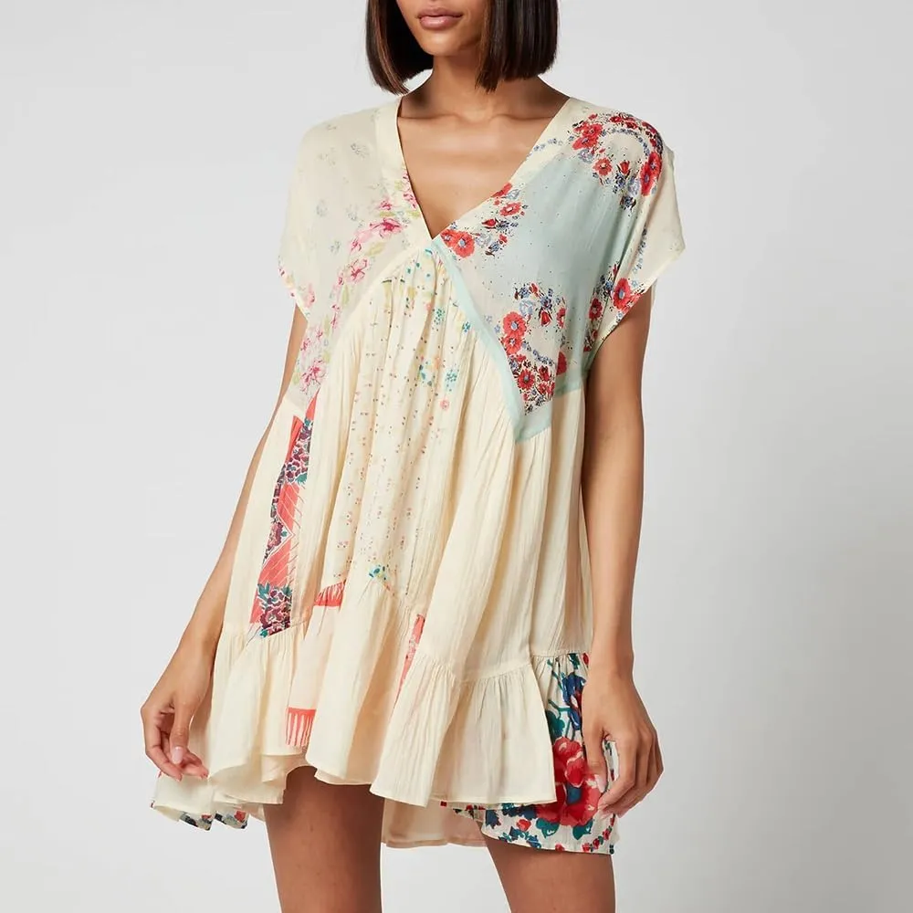 Women Patchwork Short Dress Y2k Floral V Neck Sleeveless Ruffle Mini Dress Cute Boho Babydoll Short Dresses Beachwear