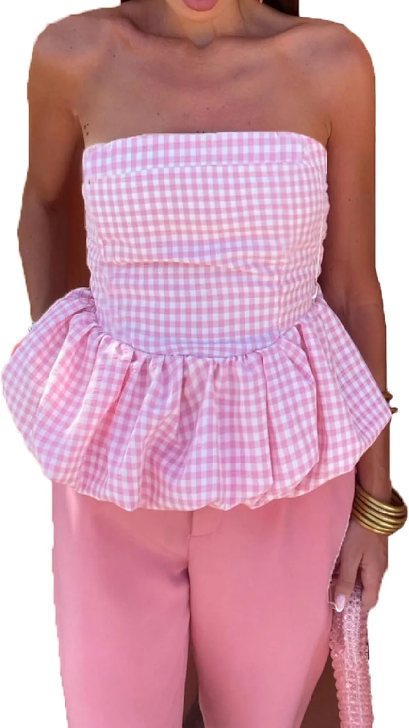 Women Peplum Tube Tops Strapless Ruffle Hem Bubble Bandeau Tops Sleeveless Off Shoulder Puffy Pleated Going Out Tops