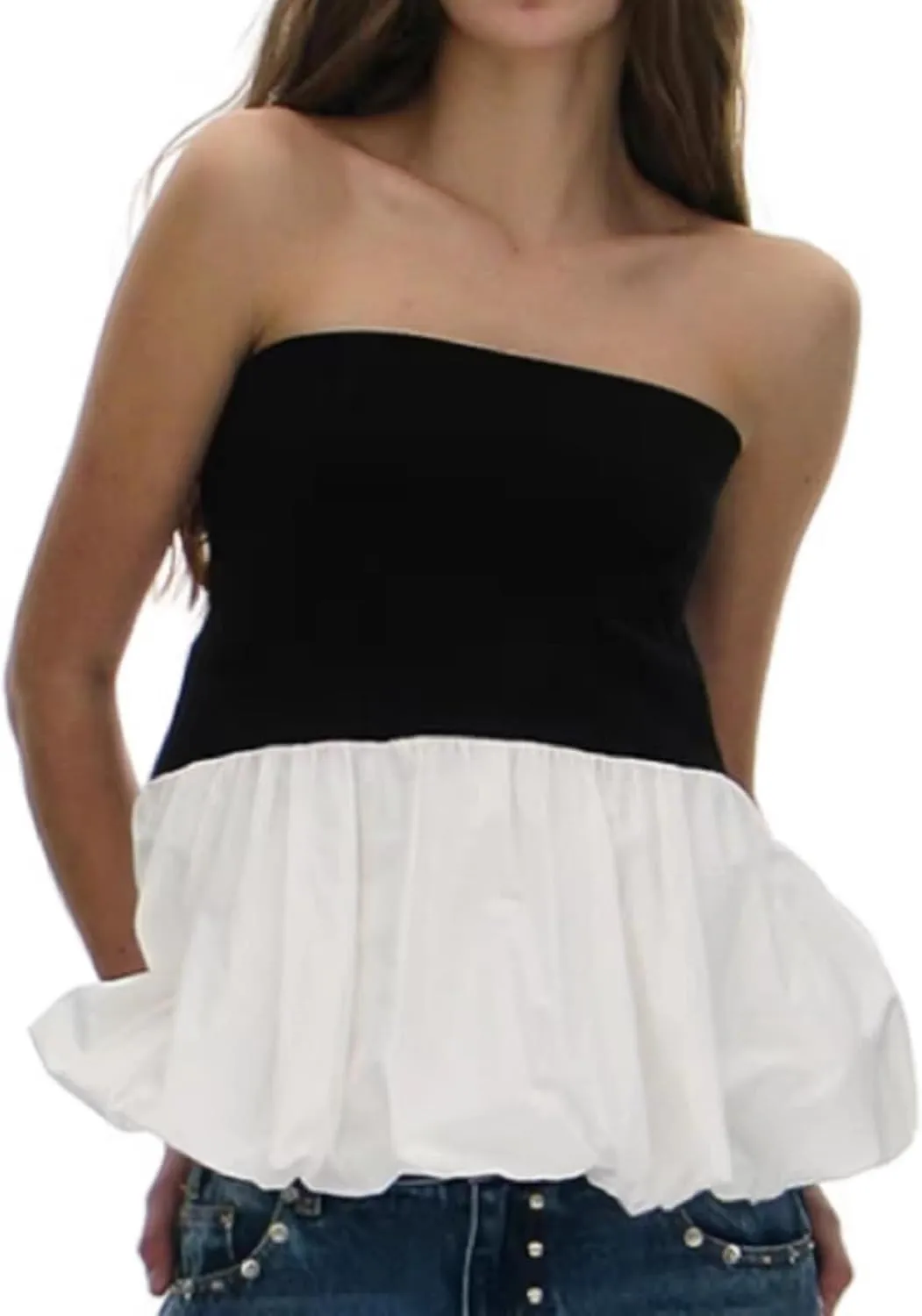Women Peplum Tube Tops Strapless Ruffle Hem Bubble Bandeau Tops Sleeveless Off Shoulder Puffy Pleated Going Out Tops