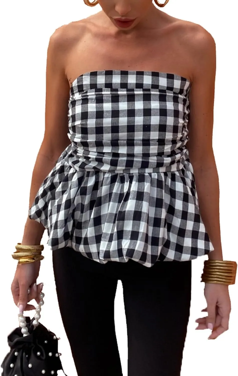 Women Peplum Tube Tops Strapless Ruffle Hem Bubble Bandeau Tops Sleeveless Off Shoulder Puffy Pleated Going Out Tops