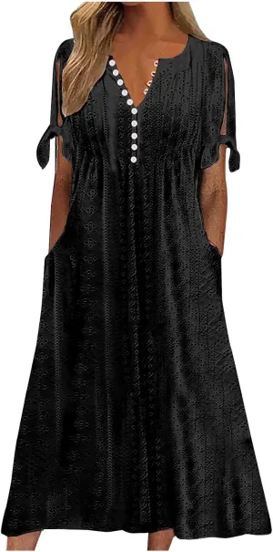 Women Plus Size Eyelet Dress Summer Vintage Short Sleeve V Neck Button Dresses Casual Loose Flowy Dress with Pockets