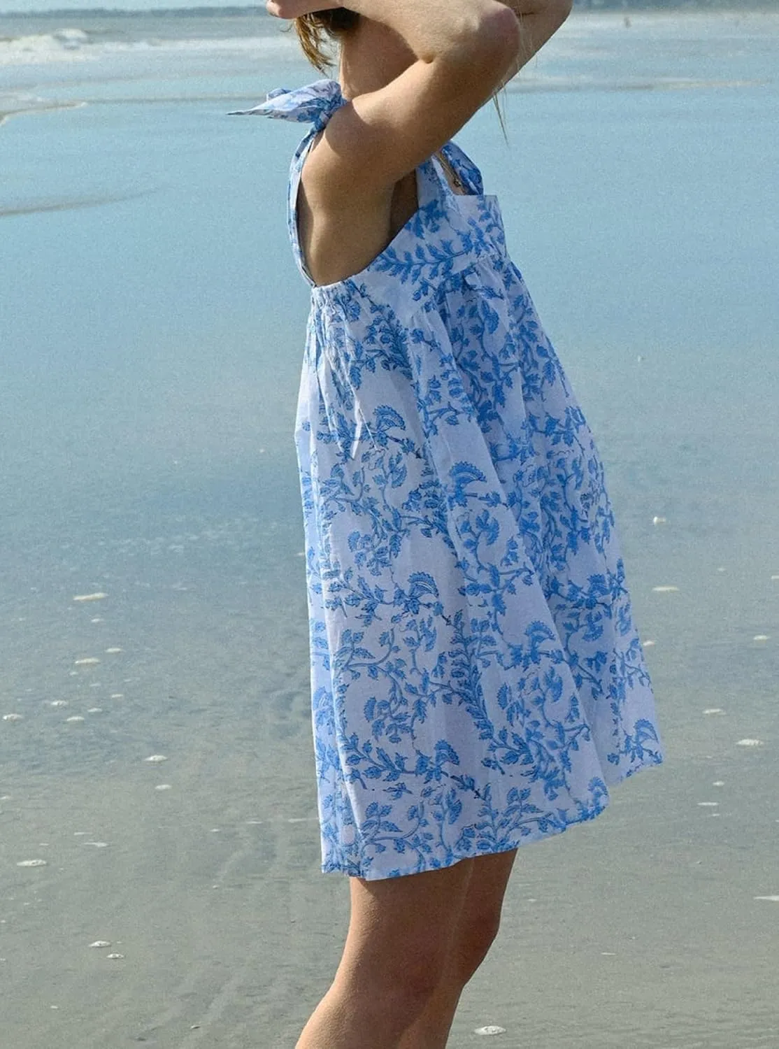 Women Ruffle Floral Babydoll Dress Tie Shoulder Boho Flowy Mini Dress Y2K Cute Bow Sleeveless Going Out Sundress