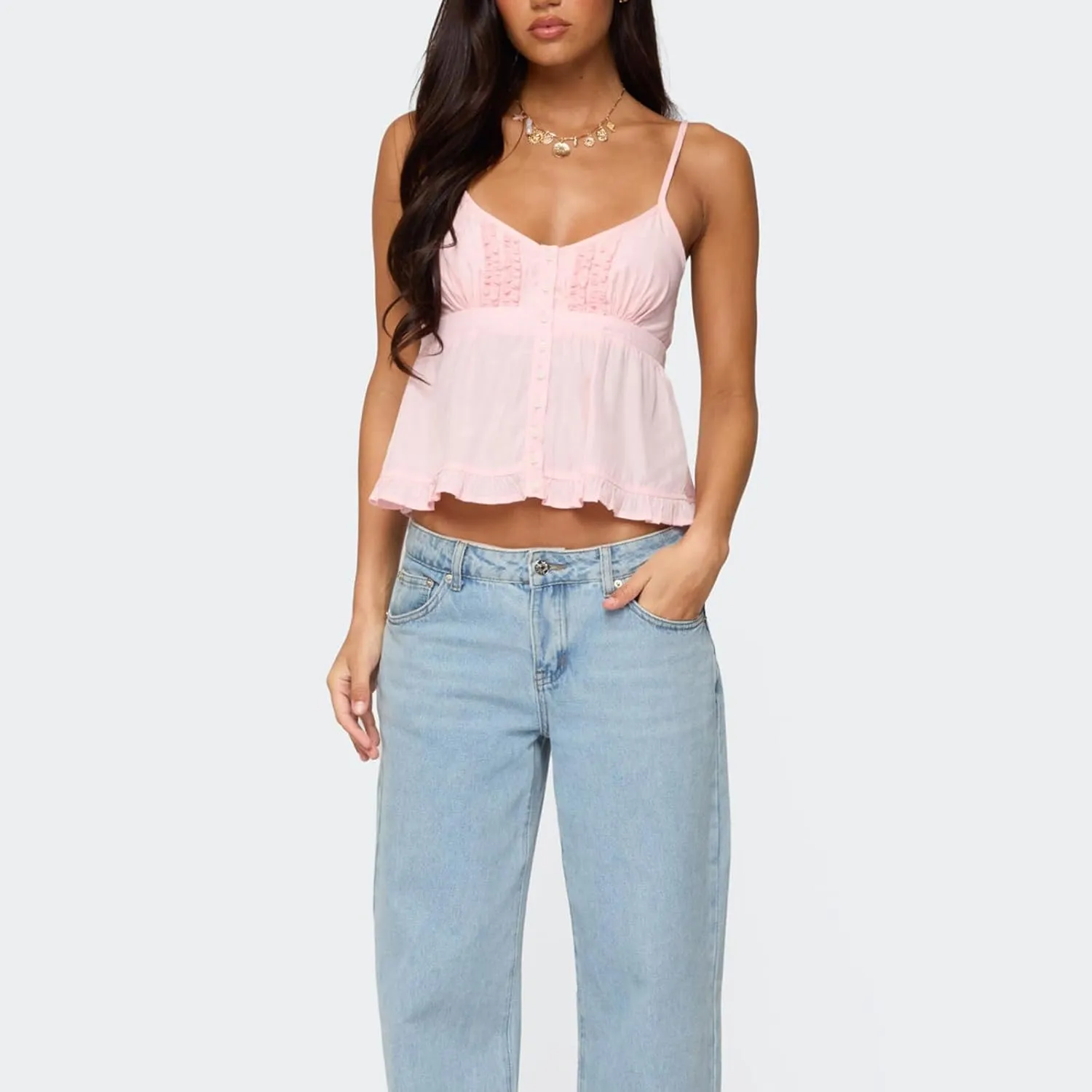 Women Ruffled Cami Tops Y2k Eyelet Lace Tank Top Cute Bow Detail Spaghetti Strap Solid Color Ruffled Hem Camisole