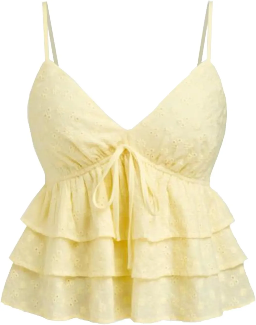 Women Ruffled Cami Tops Y2k Eyelet Lace Tank Top Cute Bow Detail Spaghetti Strap Solid Color Ruffled Hem Camisole