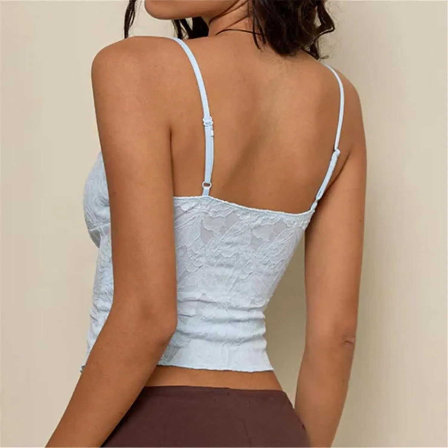 Women Ruffled Cami Tops Y2k Eyelet Lace Tank Top Cute Bow Detail Spaghetti Strap Solid Color Ruffled Hem Camisole