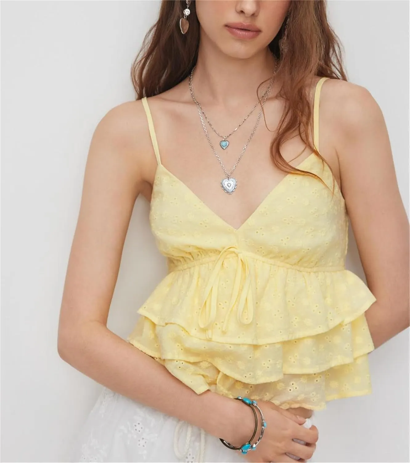 Women Ruffled Cami Tops Y2k Eyelet Lace Tank Top Cute Bow Detail Spaghetti Strap Solid Color Ruffled Hem Camisole