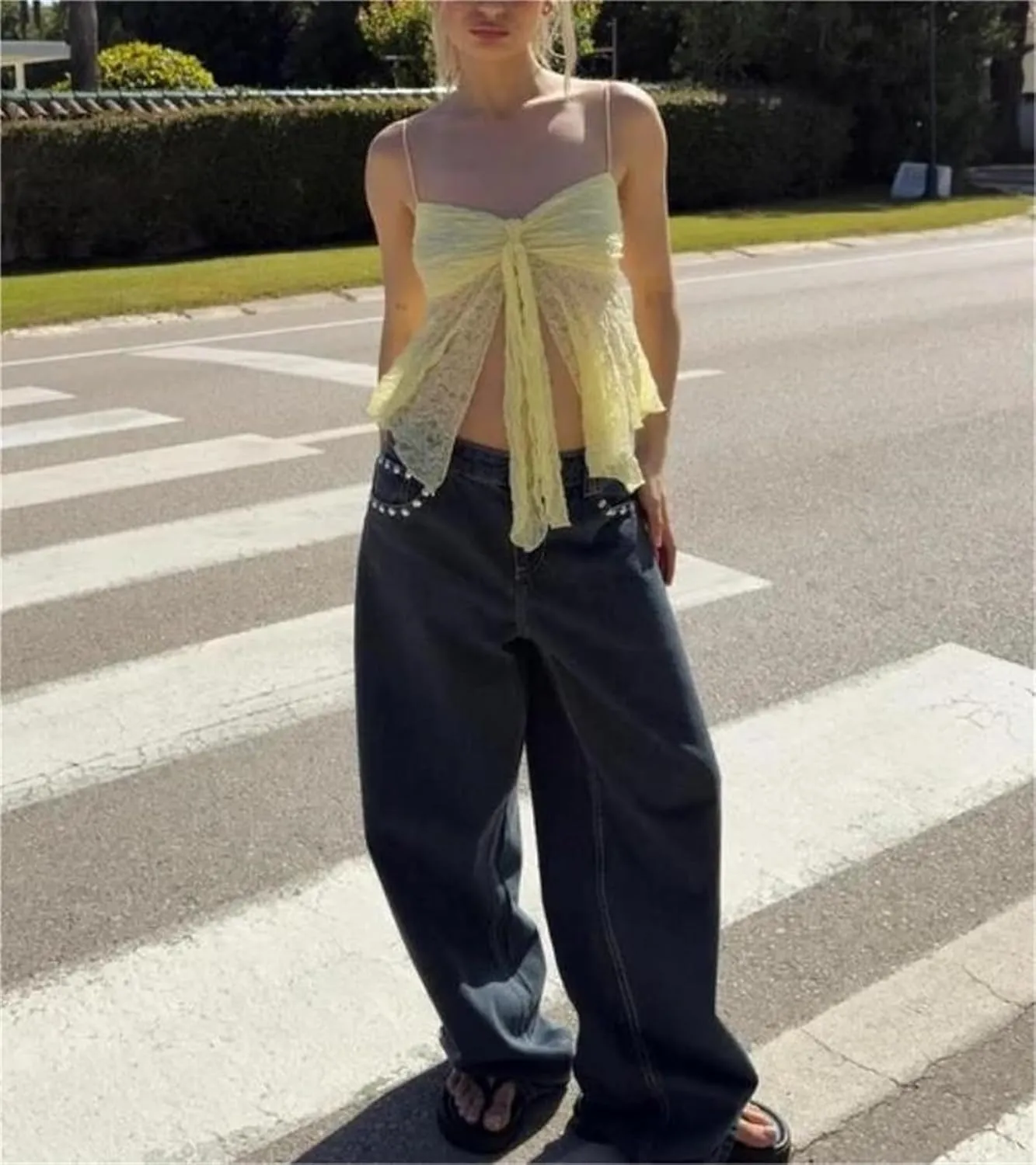 Women Ruffled Cami Tops Y2k Eyelet Lace Tank Top Cute Bow Detail Spaghetti Strap Solid Color Ruffled Hem Camisole