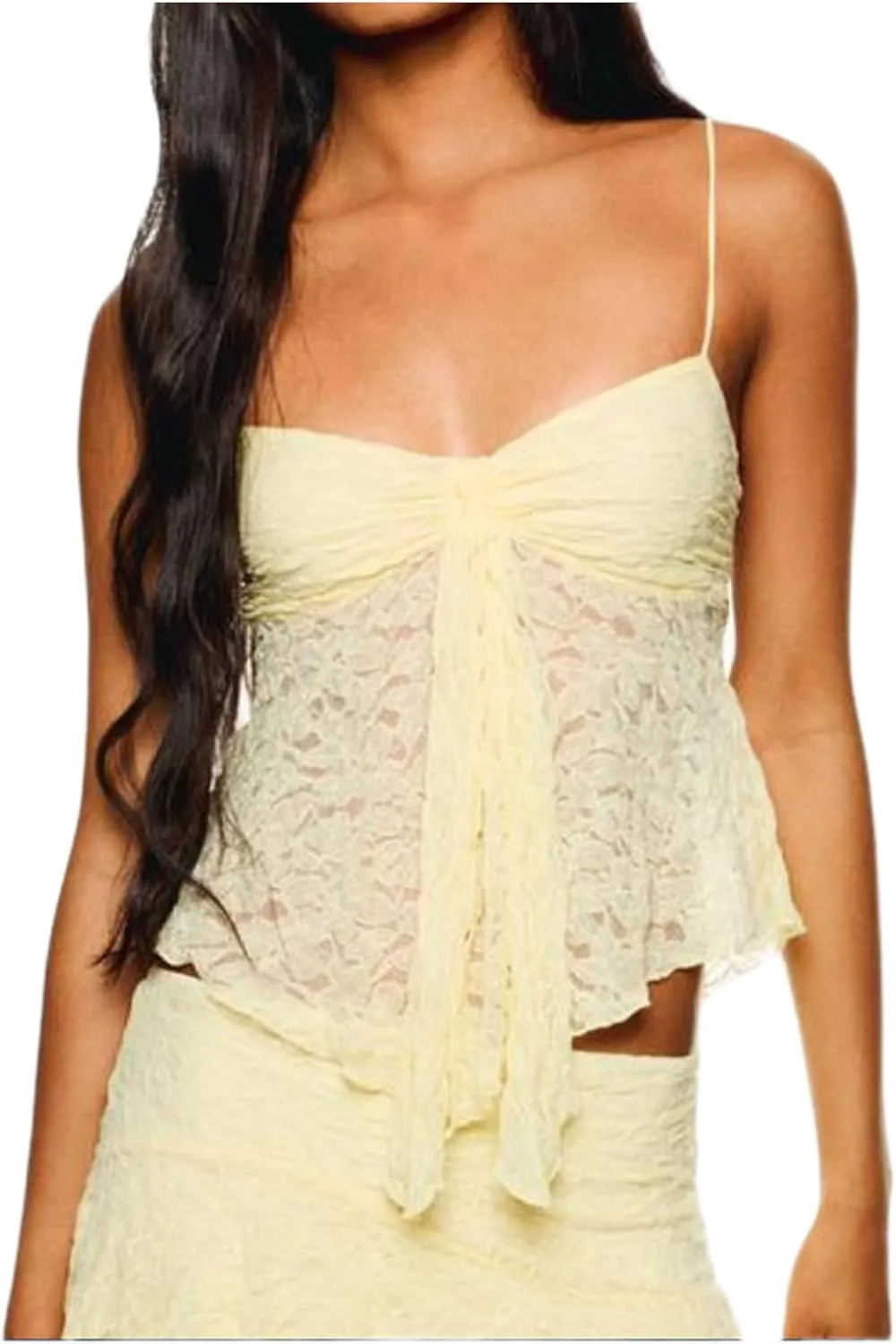 Women Ruffled Cami Tops Y2k Eyelet Lace Tank Top Cute Bow Detail Spaghetti Strap Solid Color Ruffled Hem Camisole