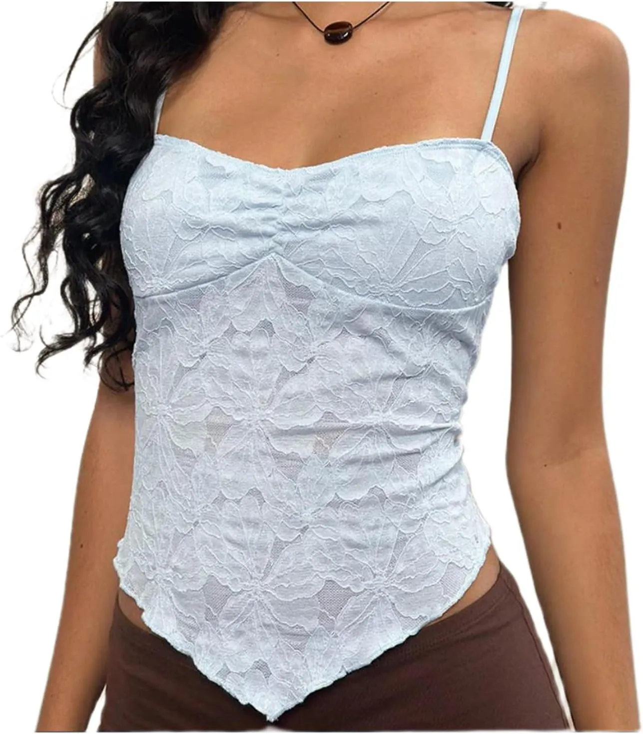 Women Ruffled Cami Tops Y2k Eyelet Lace Tank Top Cute Bow Detail Spaghetti Strap Solid Color Ruffled Hem Camisole