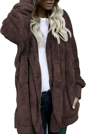 Women s Fuzzy Fleece Winter Coats Oversized Teddy Bear Coat Faux Fur Zip Up Hoodies Shaggy Warm Winter Outerwear black zip hoodie Coffee M