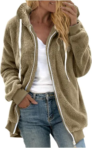 Women Sherpa Hoodie Lined Jackets Lamb Wool Padded Coat Faux Fur Shearling Fleece Full Zip Hoodies Outwear Tops