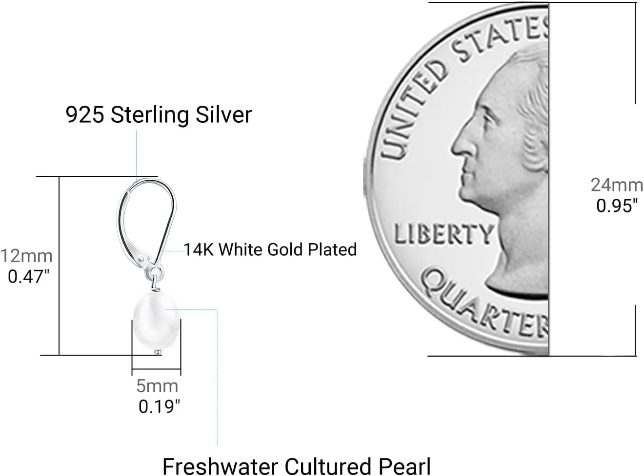 Women Silver Pearl Dangle Earrings, 14K White Gold Plated Pearl Drop Earrings for Teenagers