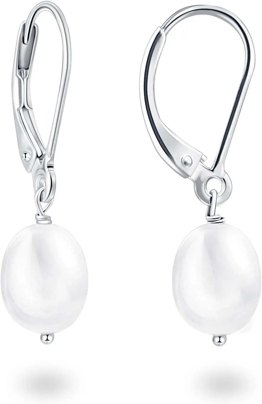Women Silver Pearl Dangle Earrings, 14K White Gold Plated Pearl Drop Earrings for Teenagers
