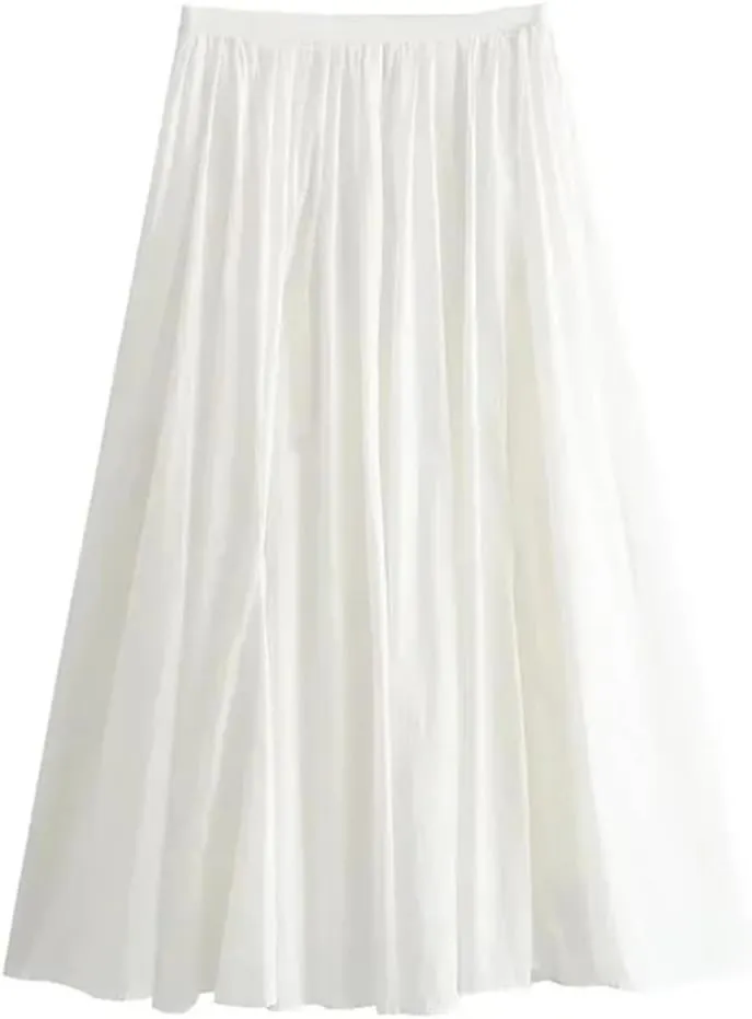 Women Solid A-Line Long Skirt Elegant Pleated Bottoms High Waist Skirt