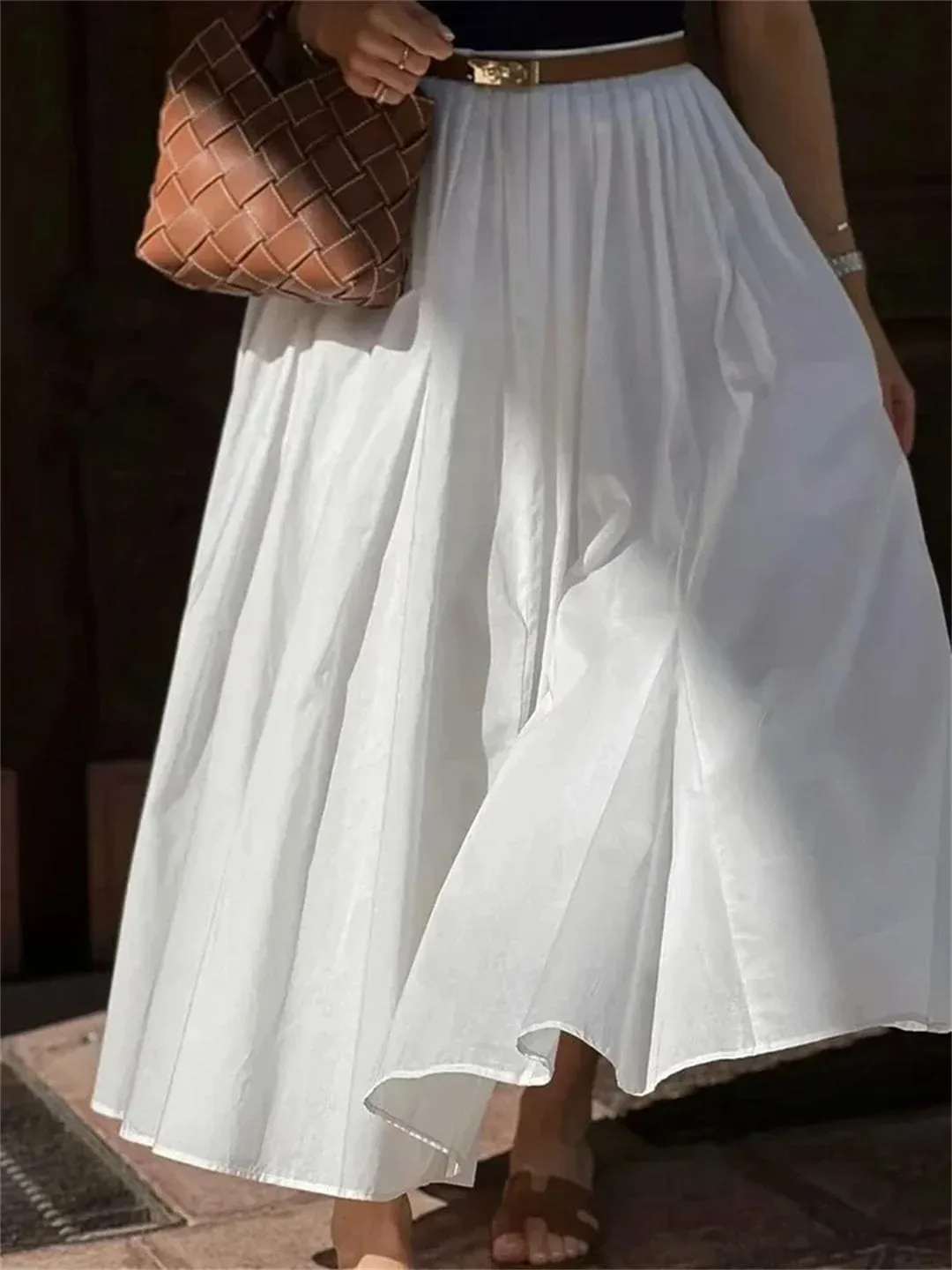 Women Solid A-Line Long Skirt Elegant Pleated Bottoms High Waist Skirt