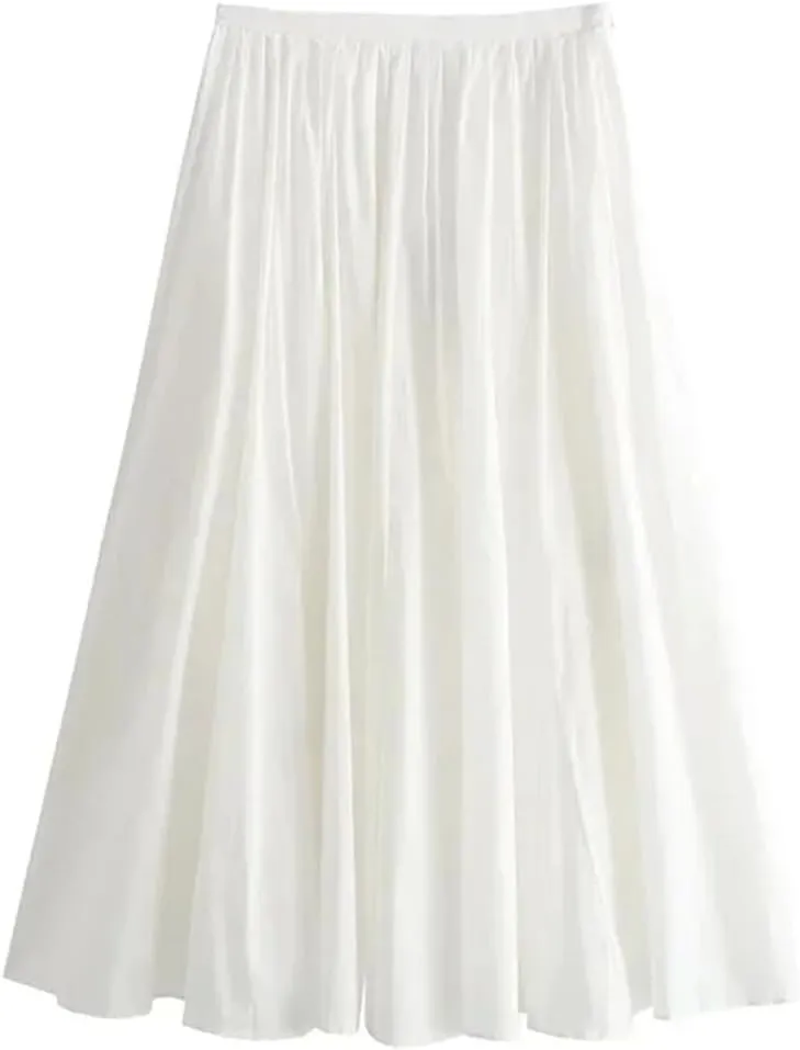 Women Solid A-Line Long Skirt Elegant Pleated Bottoms High Waist Skirt