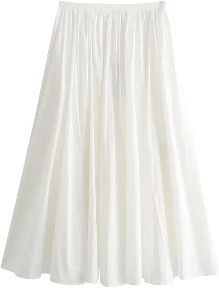 Women Solid A-Line Long Skirt Elegant Pleated Bottoms High Waist Skirt