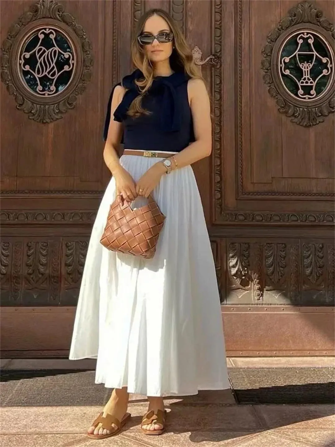 Women Solid A-Line Long Skirt Elegant Pleated Bottoms High Waist Skirt