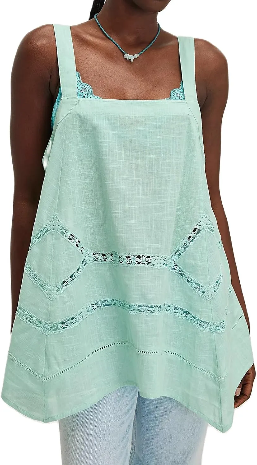 Women Square Neck Tank Top Y2k Bow Tie Front Adjustable Straps Pleated Cami Top Sleeveless Flowy Loose Shirt Blouse
