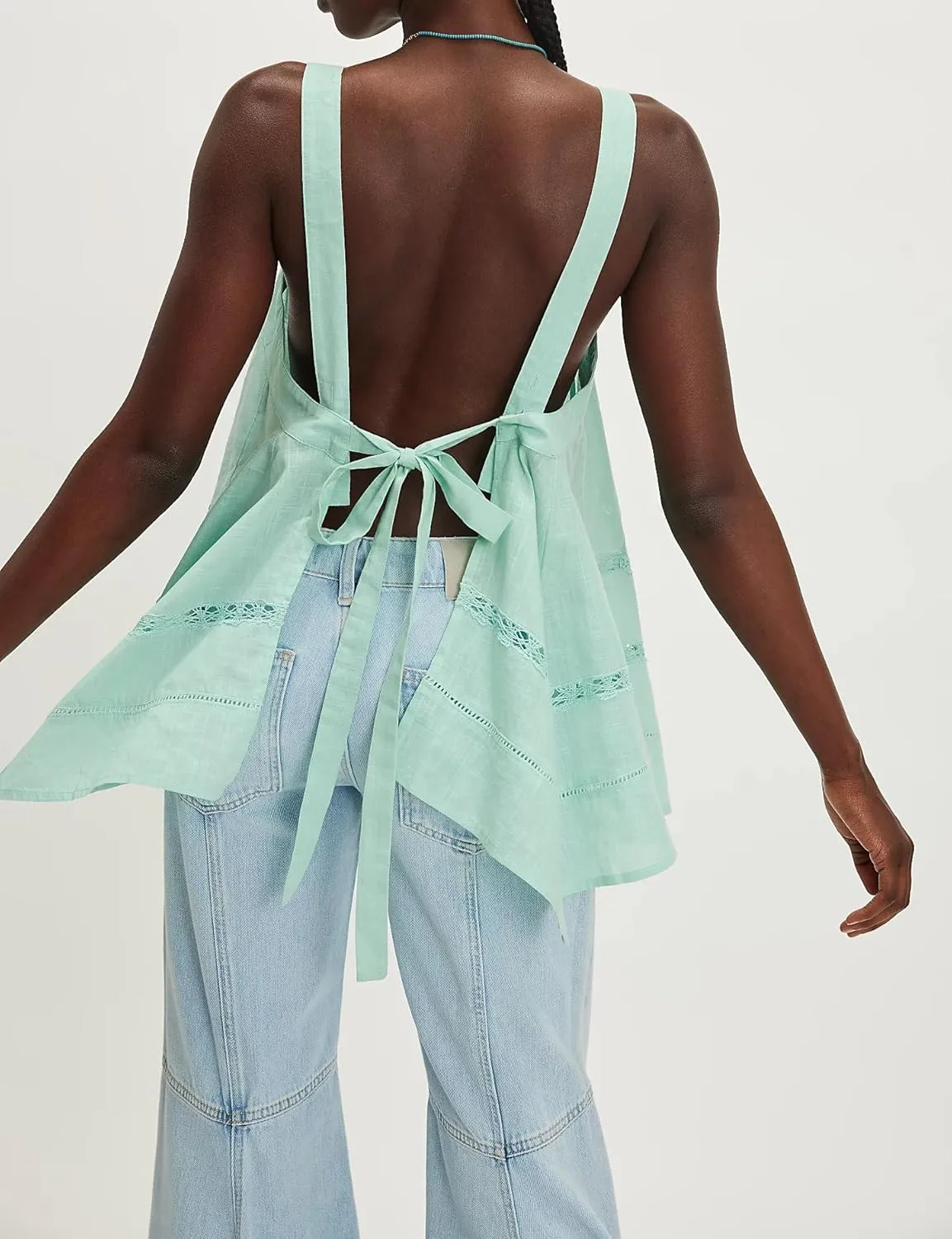 Women Square Neck Tank Top Y2k Bow Tie Front Adjustable Straps Pleated Cami Top Sleeveless Flowy Loose Shirt Blouse