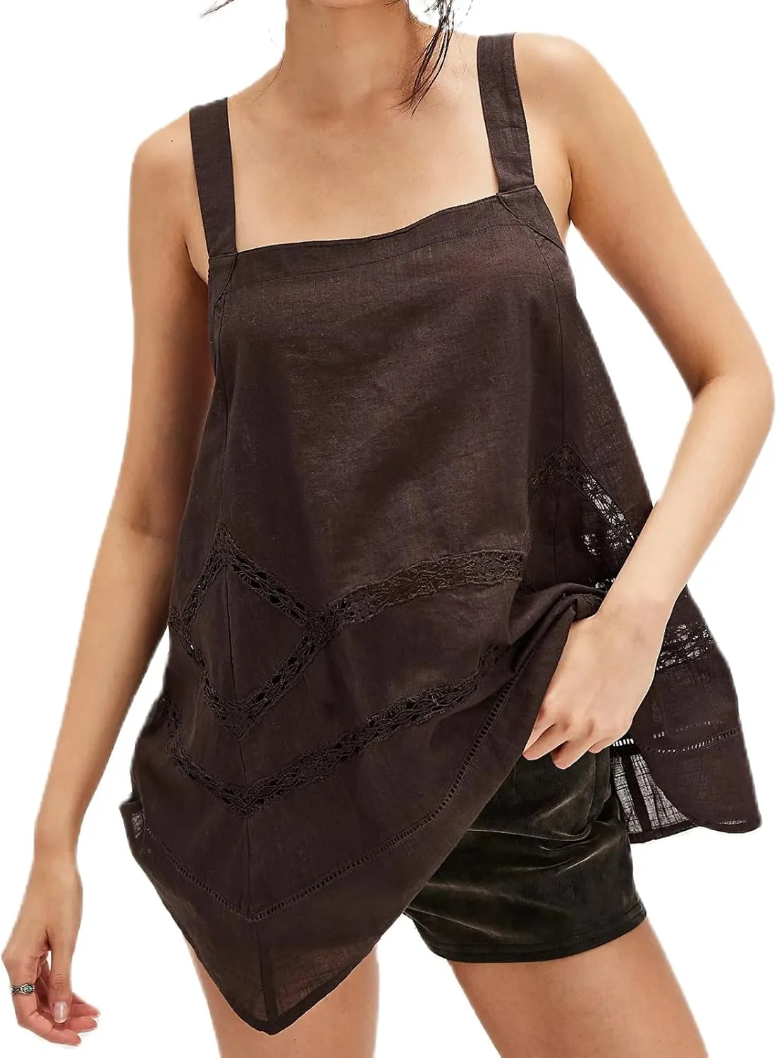 Women Square Neck Tank Top Y2k Bow Tie Front Adjustable Straps Pleated Cami Top Sleeveless Flowy Loose Shirt Blouse