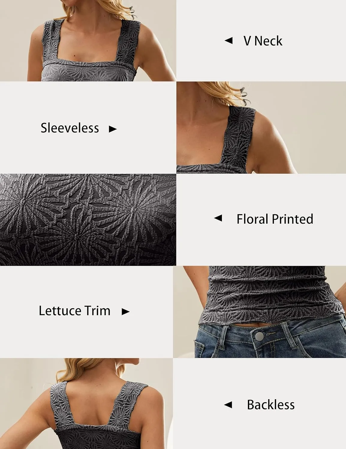 Women Square Neck Wide Strap Floral Crop Tank Top Sleeveless Lettuce Trim Solid Slim Cropped Cami Vest Tops
