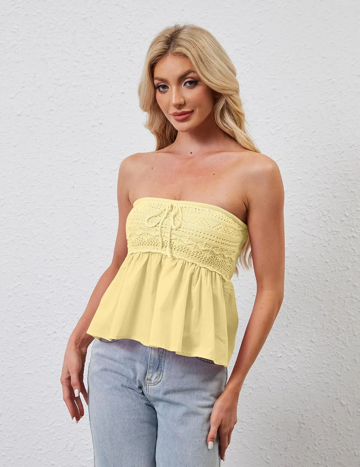 Women Strapless Babydoll Tops Floral Print Tube Top Crochet Sleeveless Peplum Bandeau Tops Flowy Backless Corset Top