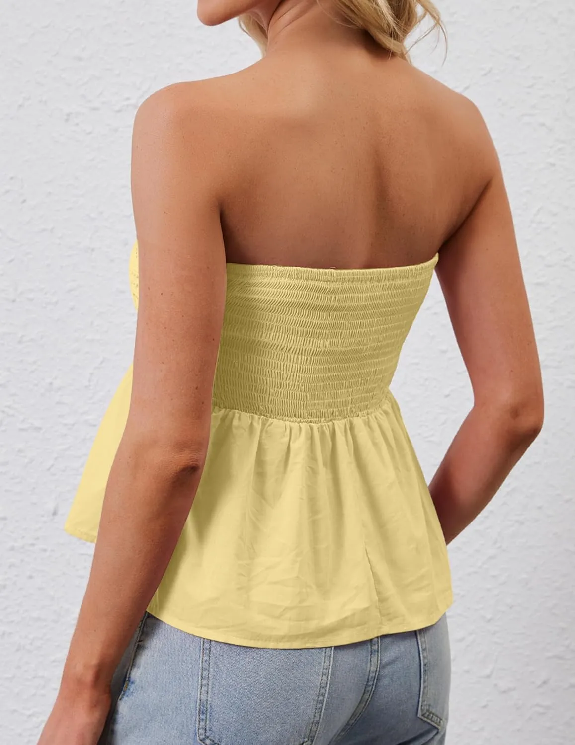 Women Strapless Babydoll Tops Floral Print Tube Top Crochet Sleeveless Peplum Bandeau Tops Flowy Backless Corset Top