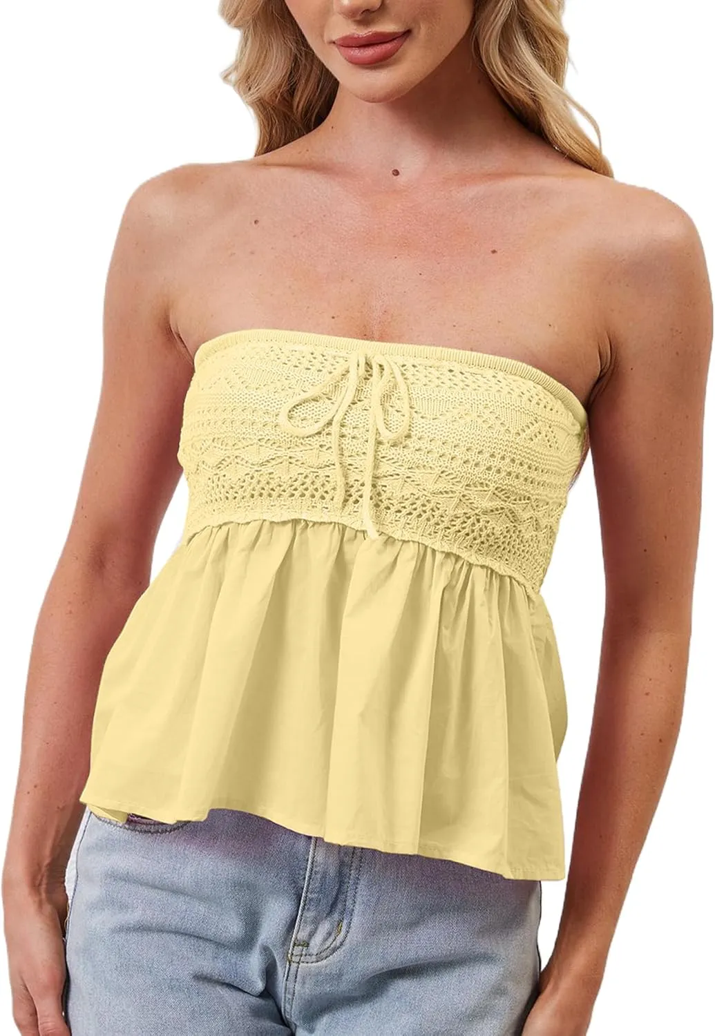 Women Strapless Babydoll Tops Floral Print Tube Top Crochet Sleeveless Peplum Bandeau Tops Flowy Backless Corset Top