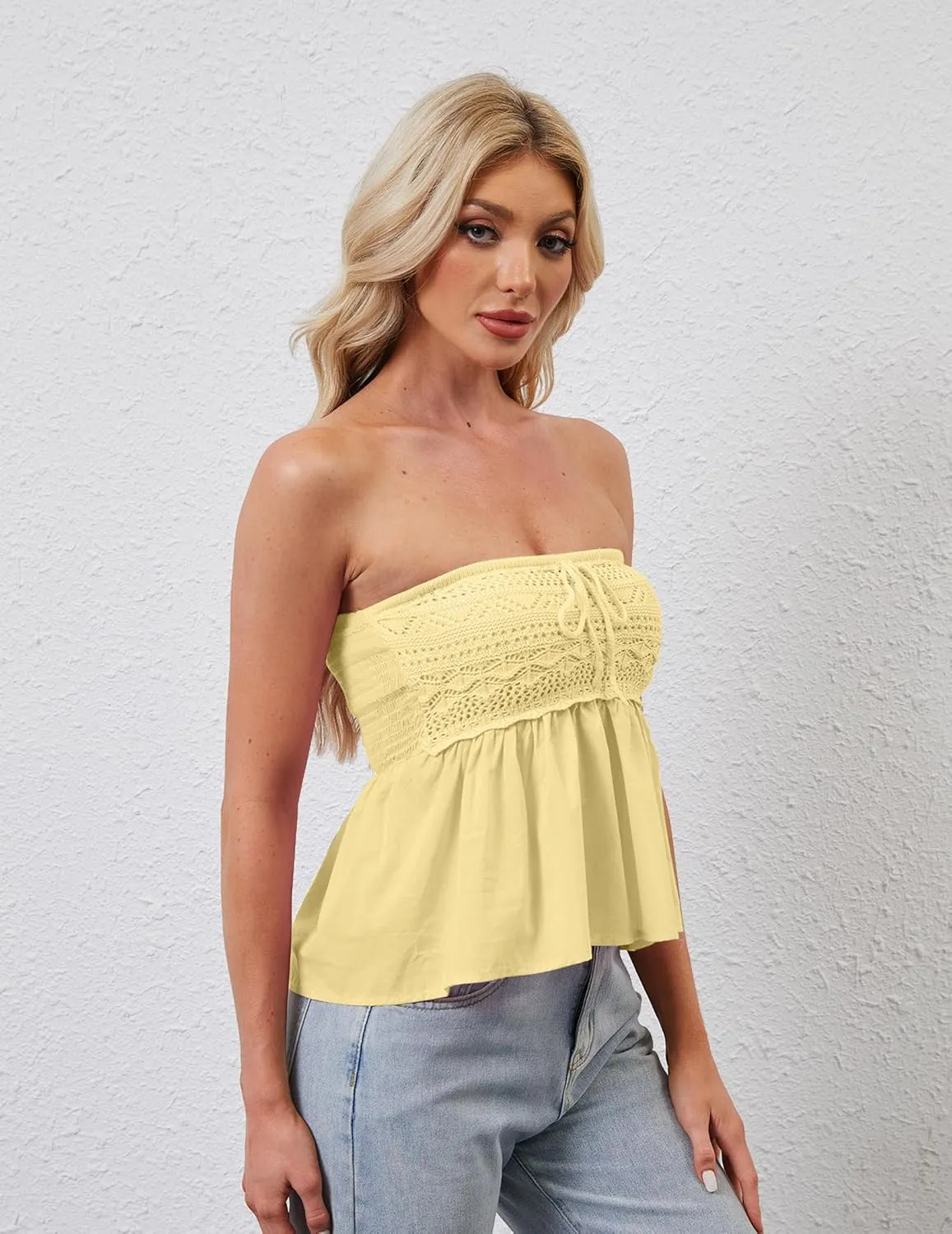 Women Strapless Babydoll Tops Floral Print Tube Top Crochet Sleeveless Peplum Bandeau Tops Flowy Backless Corset Top