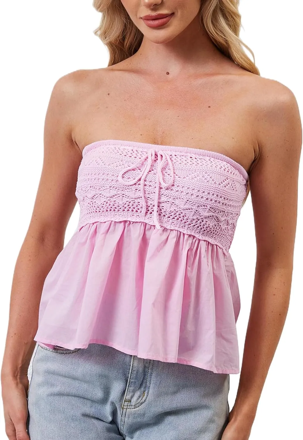 Women Strapless Babydoll Tops Floral Print Tube Top Crochet Sleeveless Peplum Bandeau Tops Flowy Backless Corset Top