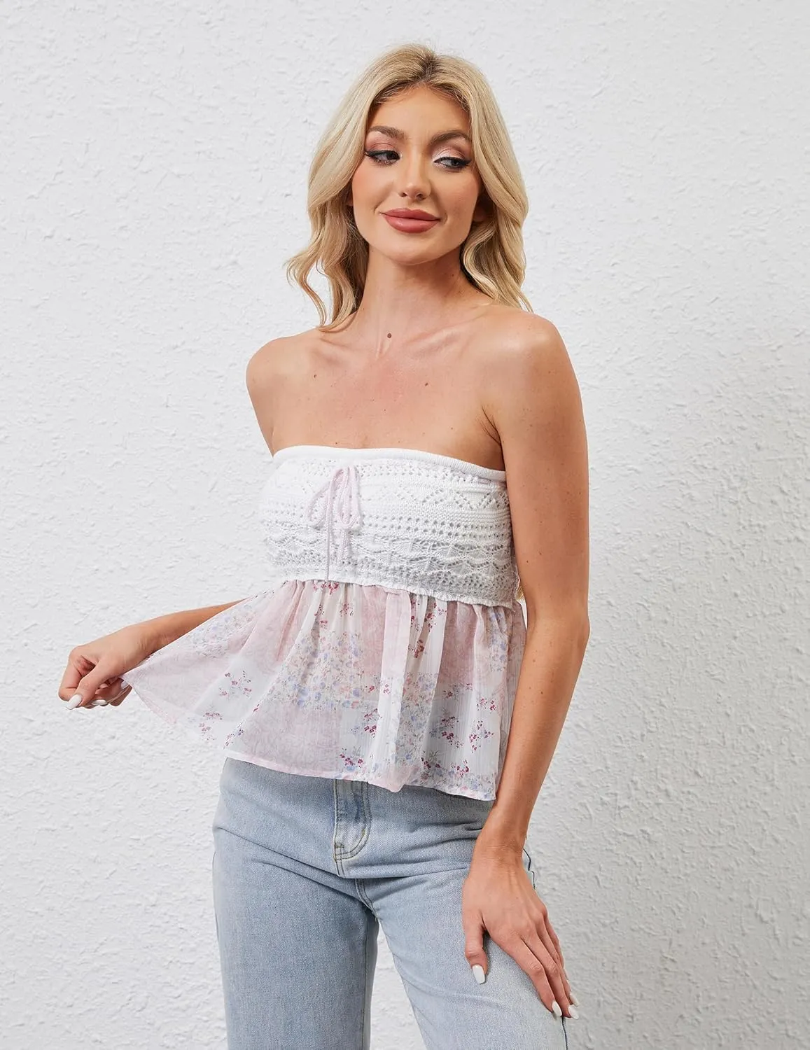 Women Strapless Babydoll Tops Floral Print Tube Top Crochet Sleeveless Peplum Bandeau Tops Flowy Backless Corset Top