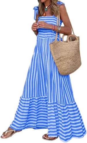 Women Striped Print Maxi Dress Spaghetti Strap Flowy Tiered Dress Sleeveless Casual Summer Sundress