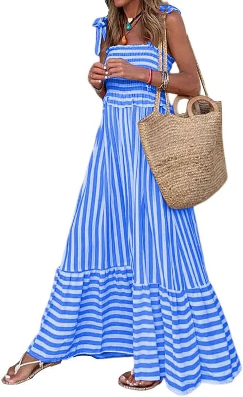 Women Striped Print Maxi Dress Spaghetti Strap Flowy Tiered Dress Sleeveless Casual Summer Sundress