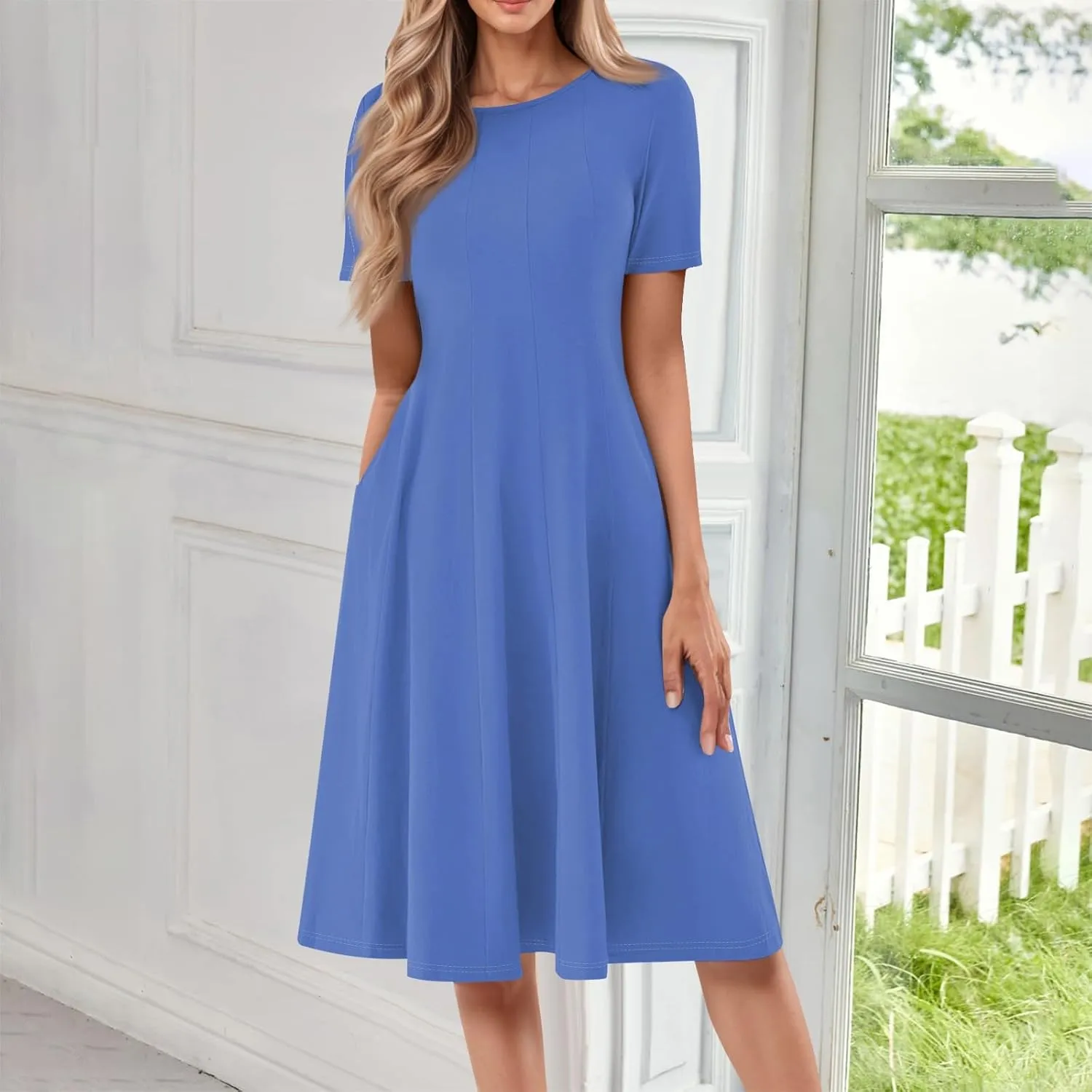 Women Summer Dress Short Sleeve Crewneck Pleated Swing Dresses Solid Color Beach Vacation Midi Sundress with Pocket