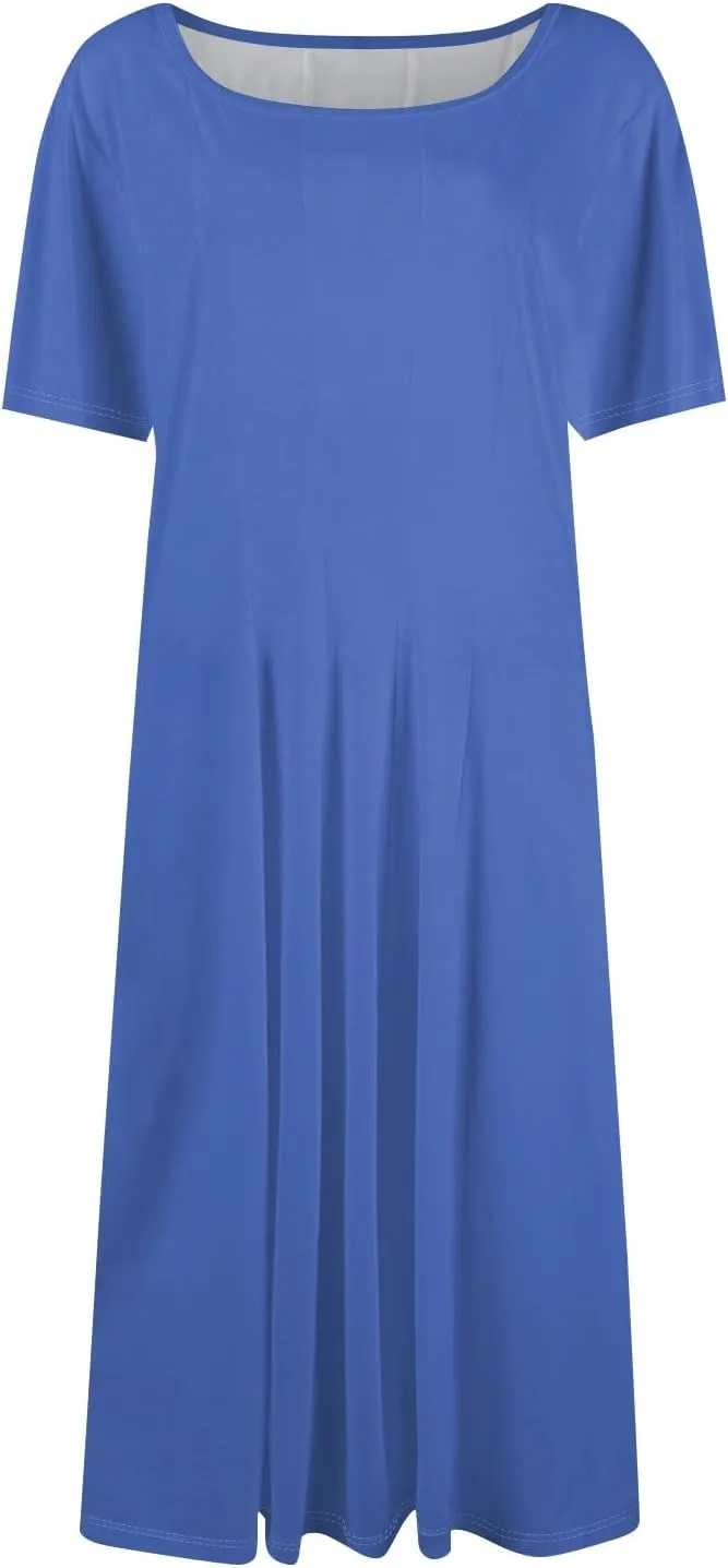 Women Summer Dress Short Sleeve Crewneck Pleated Swing Dresses Solid Color Beach Vacation Midi Sundress with Pocket