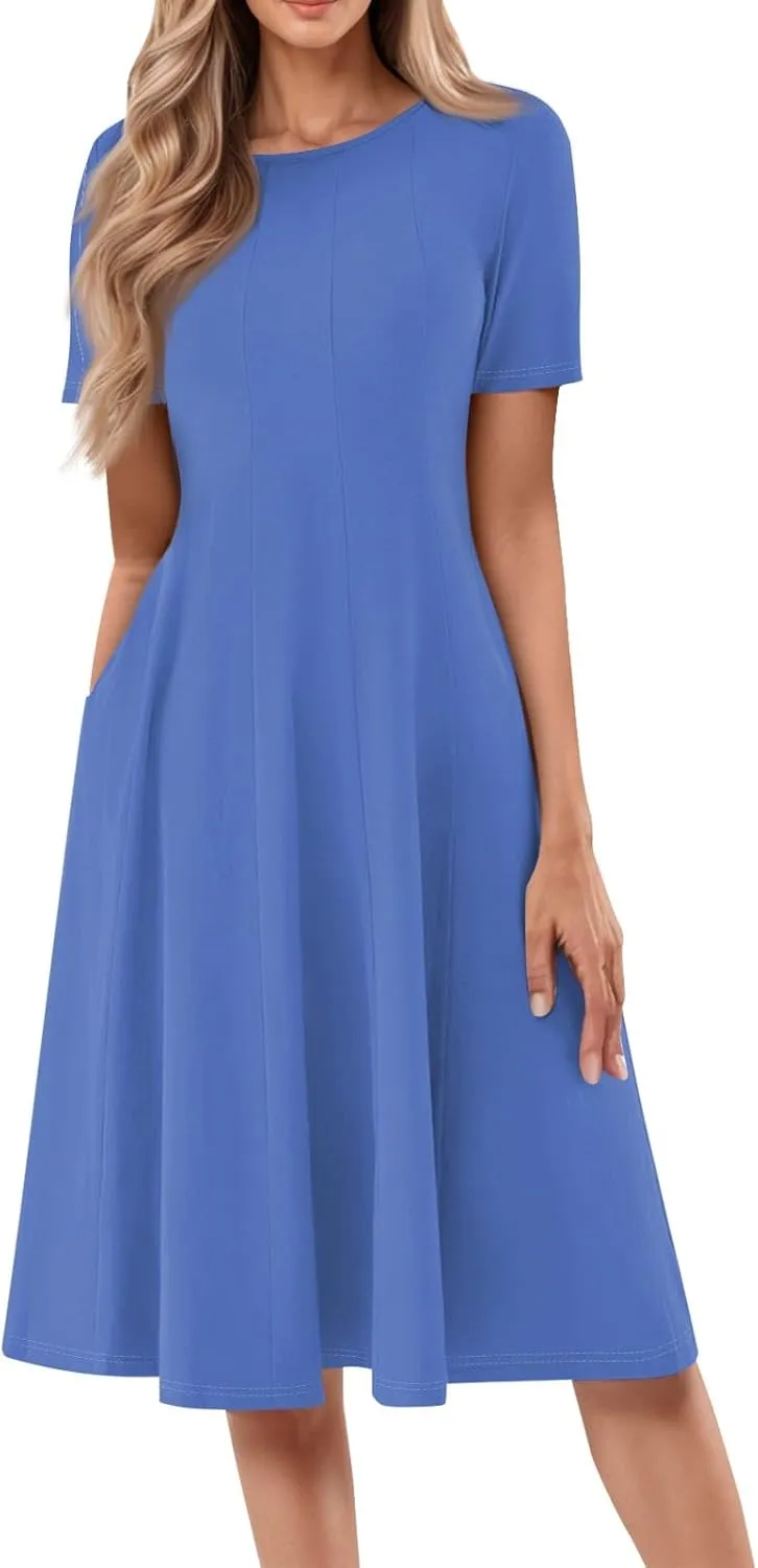 Women Summer Dress Short Sleeve Crewneck Pleated Swing Dresses Solid Color Beach Vacation Midi Sundress with Pocket