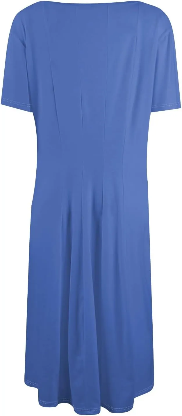 Women Summer Dress Short Sleeve Crewneck Pleated Swing Dresses Solid Color Beach Vacation Midi Sundress with Pocket