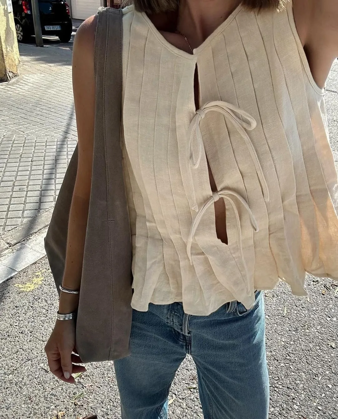 Women Summer Linen Tank Tops Coquette Bow Tie Front Top Shirt Vest Babydoll Ruffle Tops Cute Shirts Aesthetic Clothes