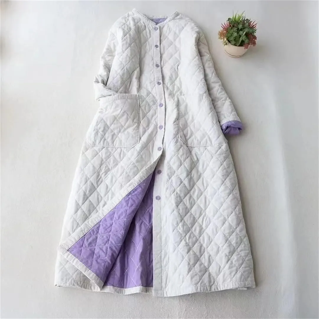 Women Winter Japan Style Vintage Plaid Oversized Long Coat Cotton Padded Ladies Loose Overcoat
