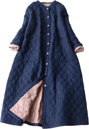 Women Winter Japan Style Vintage Plaid Oversized Long Coat Cotton Padded Ladies Loose Overcoat